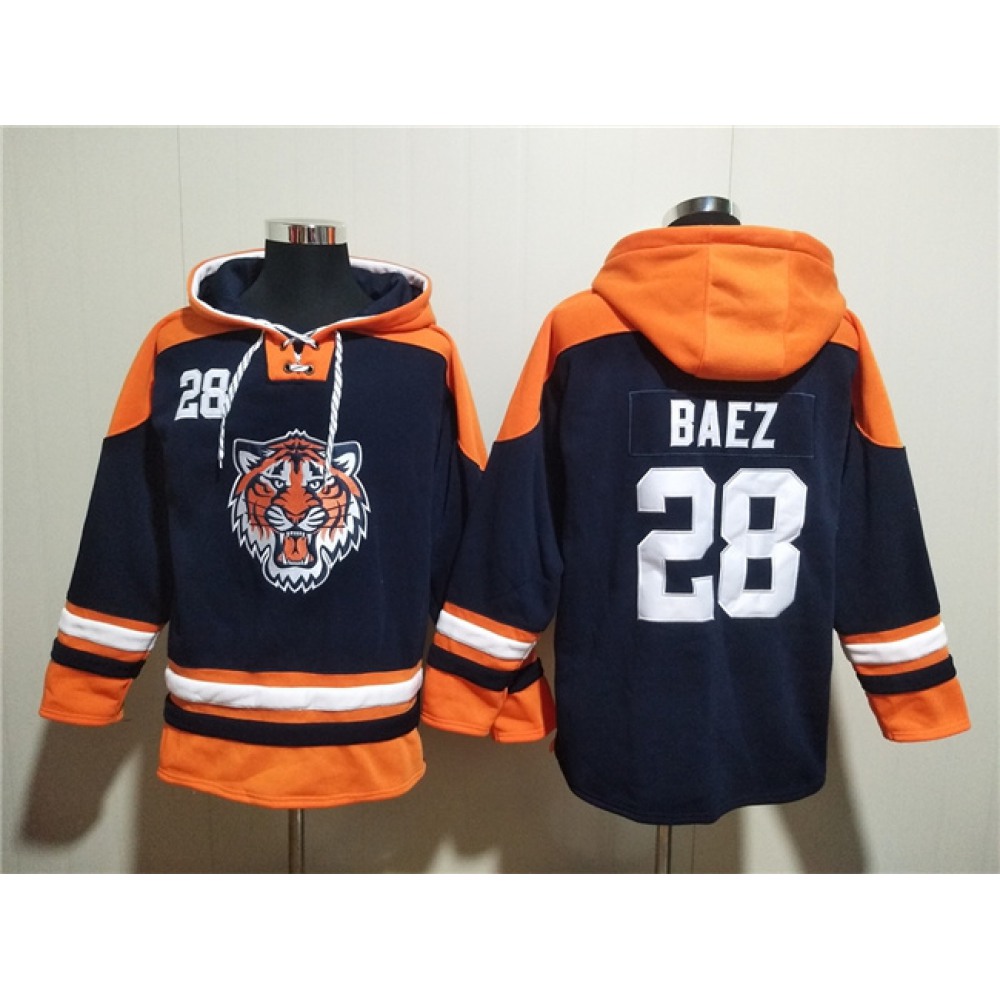 Men's Detroit Tigers #28 Javier Baez Navy Lace-Up Pullover Hoodie 1