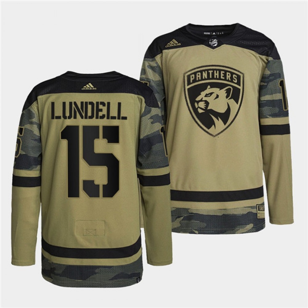 Men's Florida Panthers #15 Anton Lundell 2022 Camo Military Appreciation Night Stitched Jersey 1