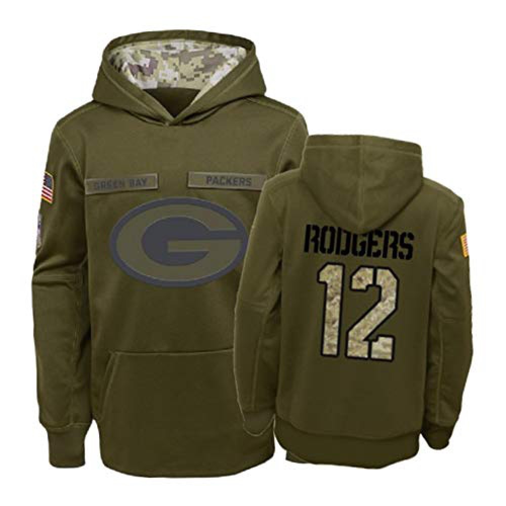 Men's Green Bay Packers #12 Aaron Rodgers 2019 Olive Salute To Service Sideline Therma Performance Pullover Hoodie 1