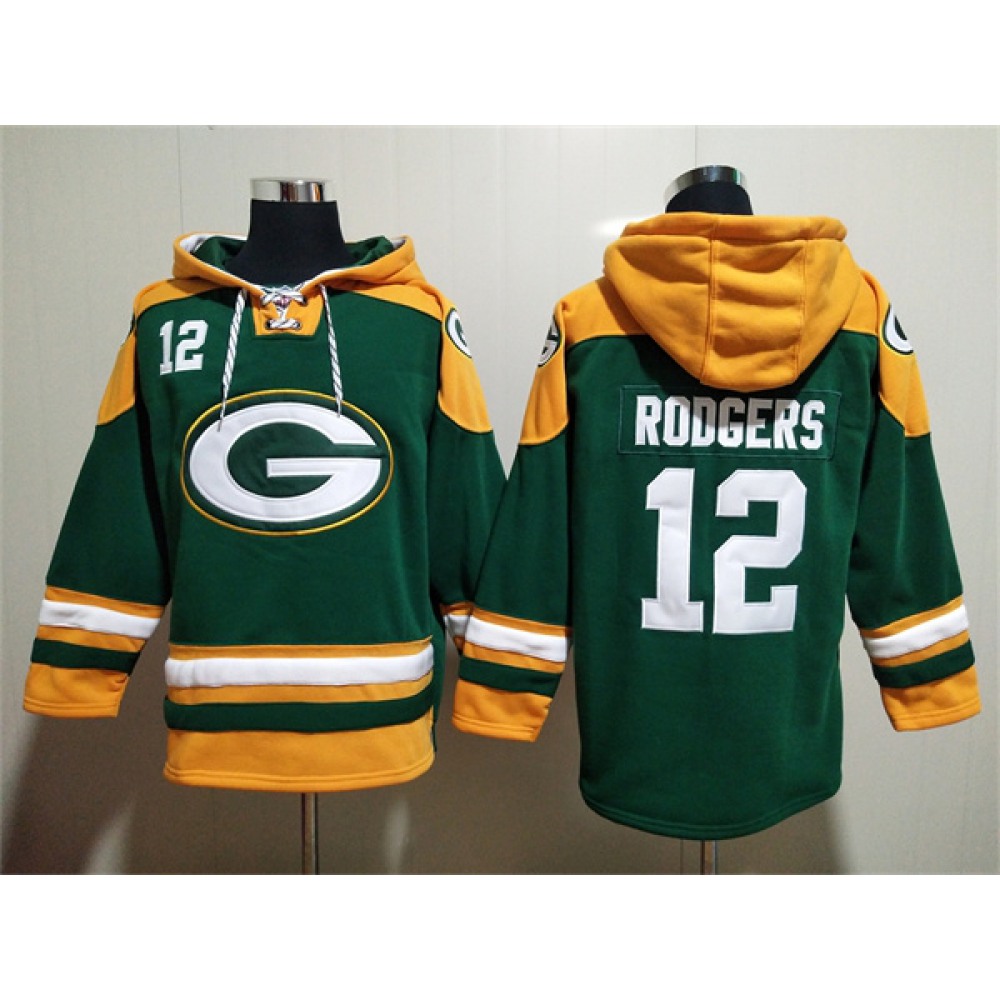 Men's Green Bay Packers #12 Aaron Rodgers Green Lace-Up Pullover Hoodie 1