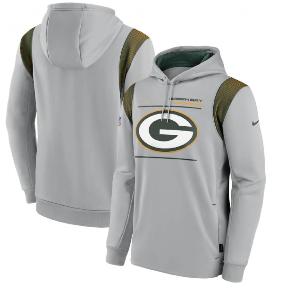Men's Green Bay Packers 2021 Grey Sideline Logo Performance Pullover Hoodie 1