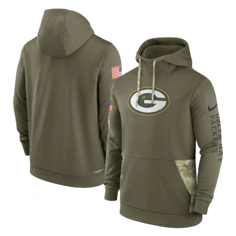 Men's Green Bay Packers 2022 Olive Salute to Service Therma Performance Pullover Hoodie 1