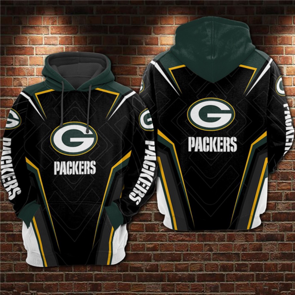 Men's Green Bay Packers Black/Green 3D All Over Print Pullover Hoodie 1