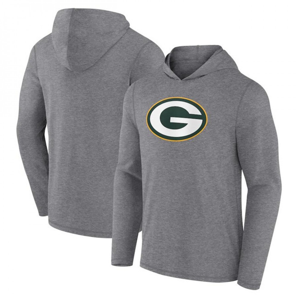 Men's Green Bay Packers Heather Gray Primary Logo Long Sleeve Hoodie T-Shirt 1