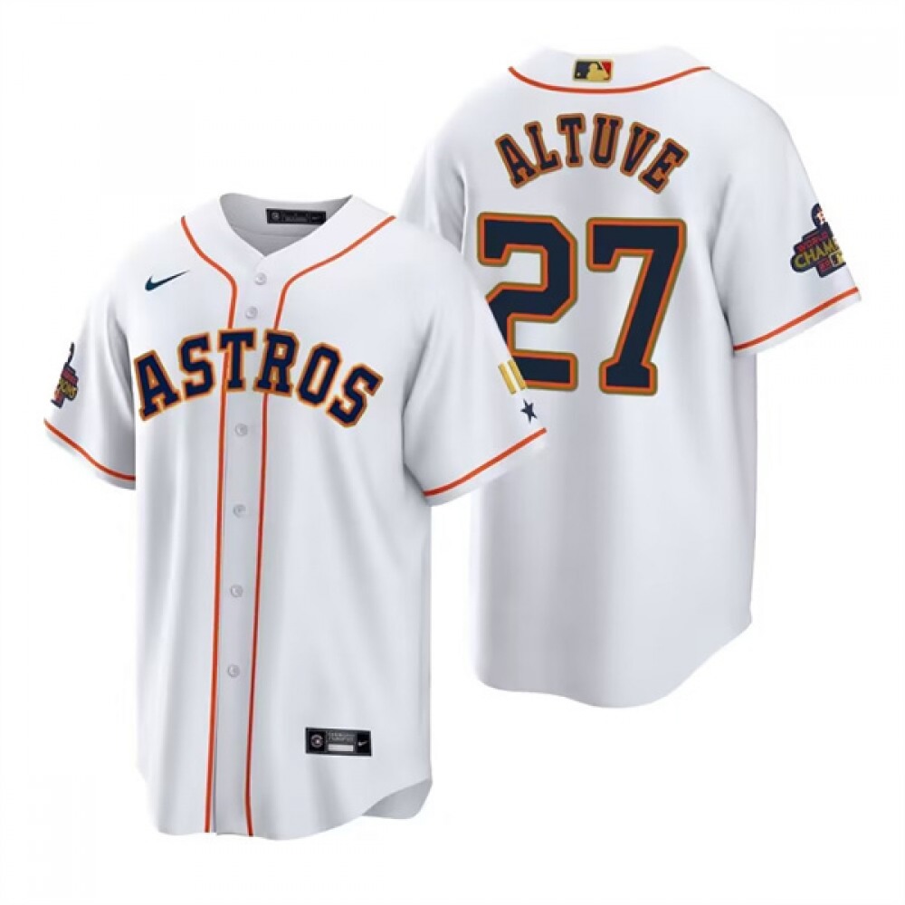 Men's Houston Astros #27 Jose Altuve White Gold 2022 World Series Champions Stitched Baseball Jersey 1