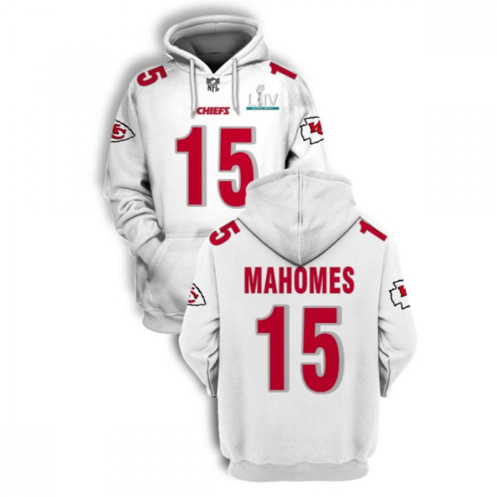Men's Kansas City Chiefs #15 Patrick Mahomes White 2021 Super Bowl LIV Pullover Hoodie 1