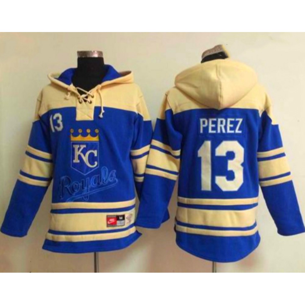 Men's Kansas City Royals #13 Salvador Perez Ageless Must-Have Lace-Up Pullover Hoodie 1