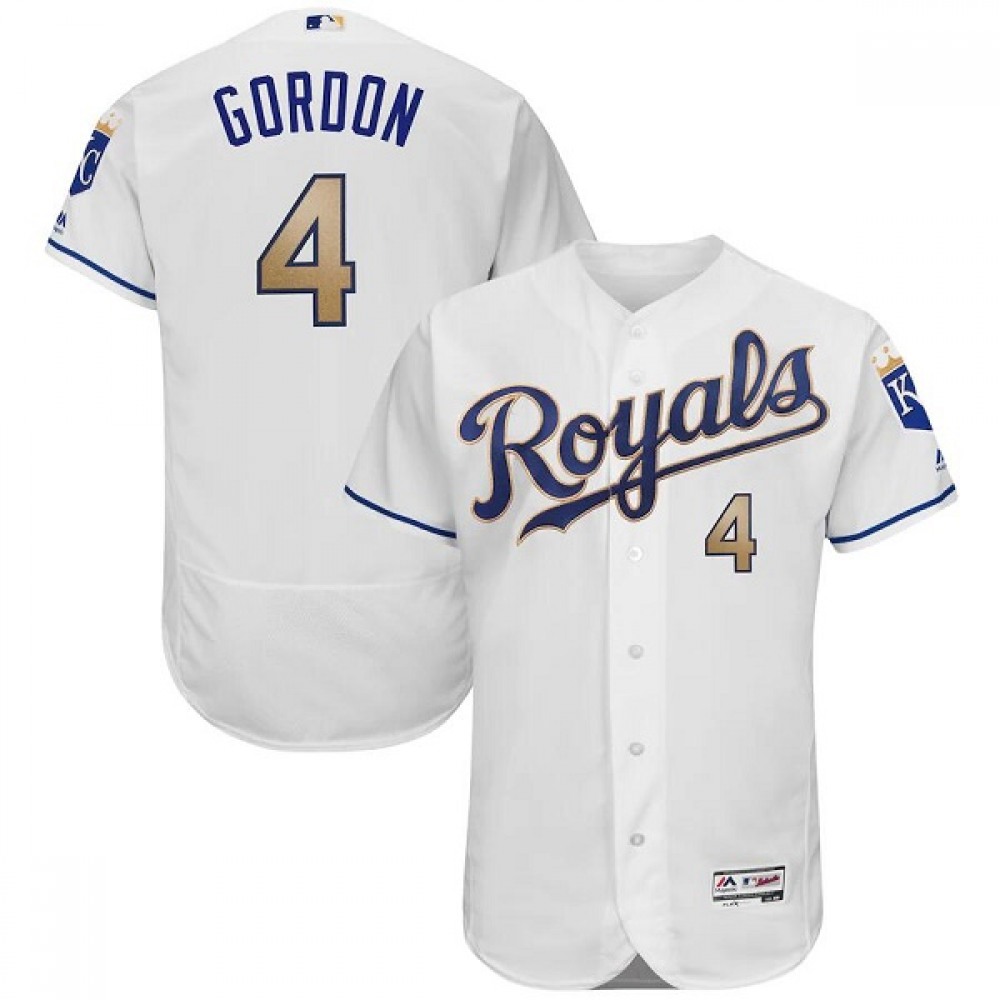 Men's Kansas City Royals #4 Alex Gordon White/Gold Flex Base Stitched Jersey 1