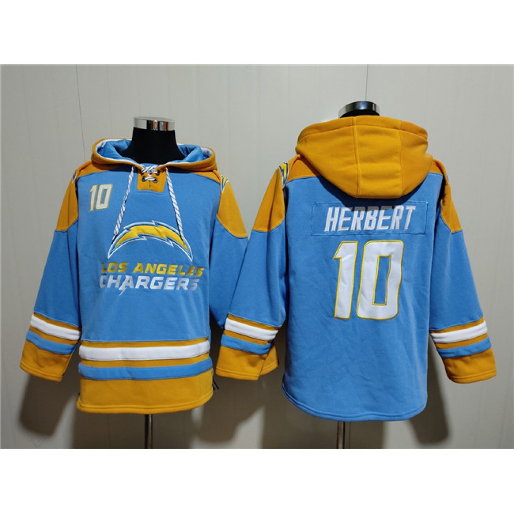 Men's Los Angeles Chargers #10 Justin Herbert Blue Ageless Must-Have Lace-Up Pullover Hoodie 1