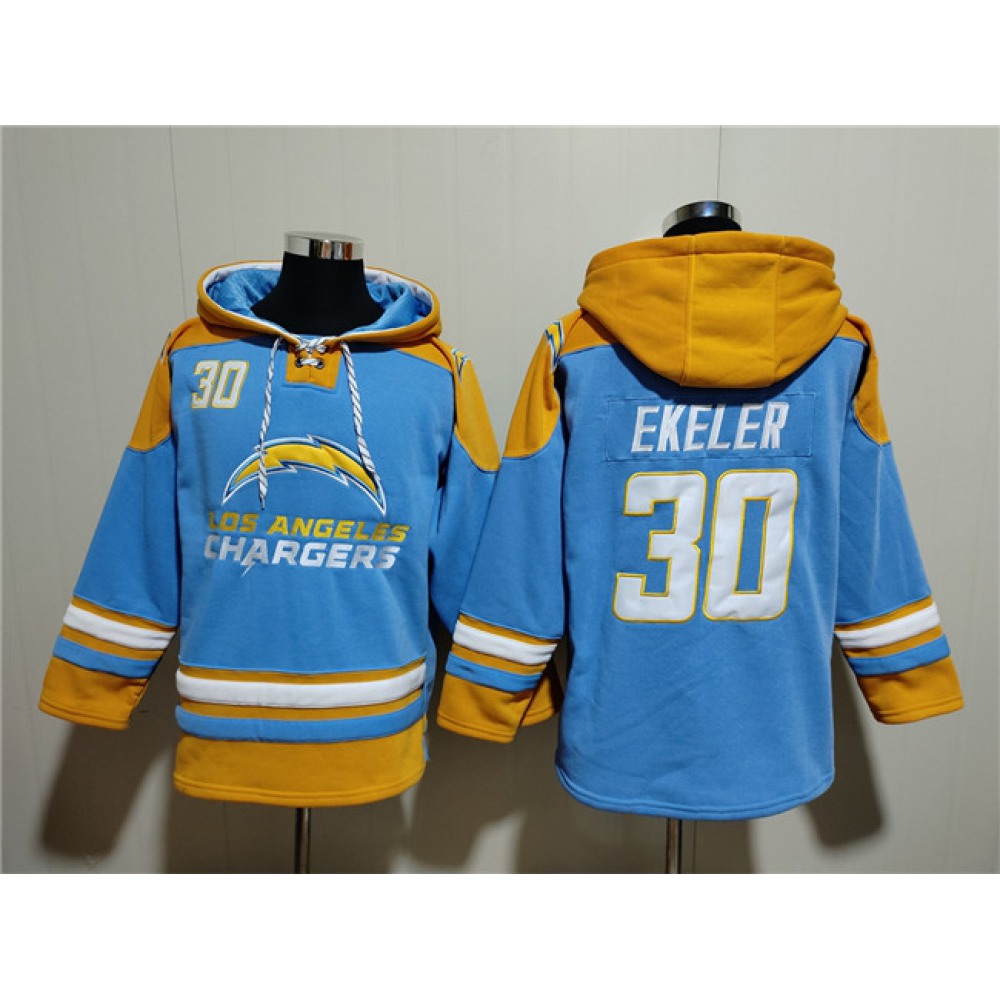 Men's Los Angeles Chargers #30 Austin Ekeler Blue Ageless Must-Have Lace-Up Pullover Hoodie 1