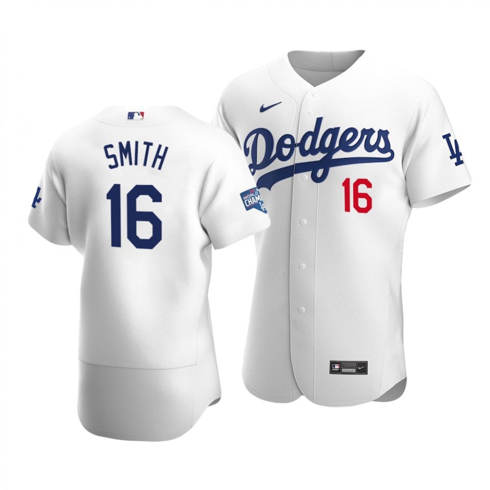Men's Los Angeles Dodgers #16 Will Smith 2020 White World Series Champions Patch Flex Base Stitched Jersey 1