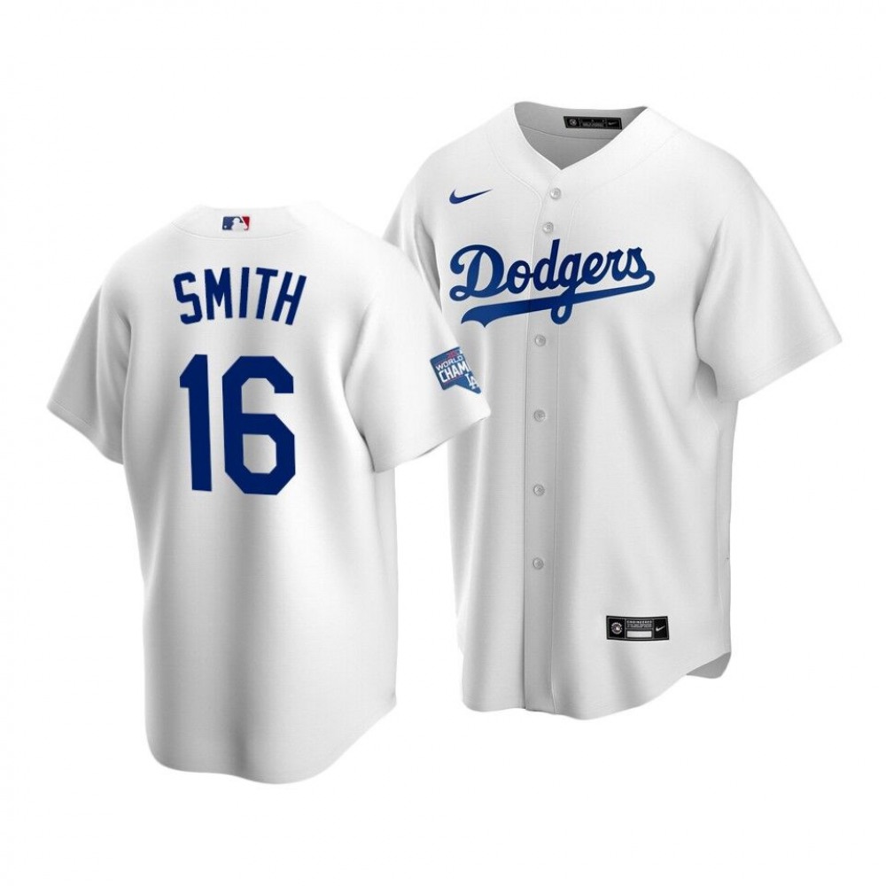 Men's Los Angeles Dodgers #16 Will Smith White 2020 World Series Champions Home Patch Stitched Jersey 1