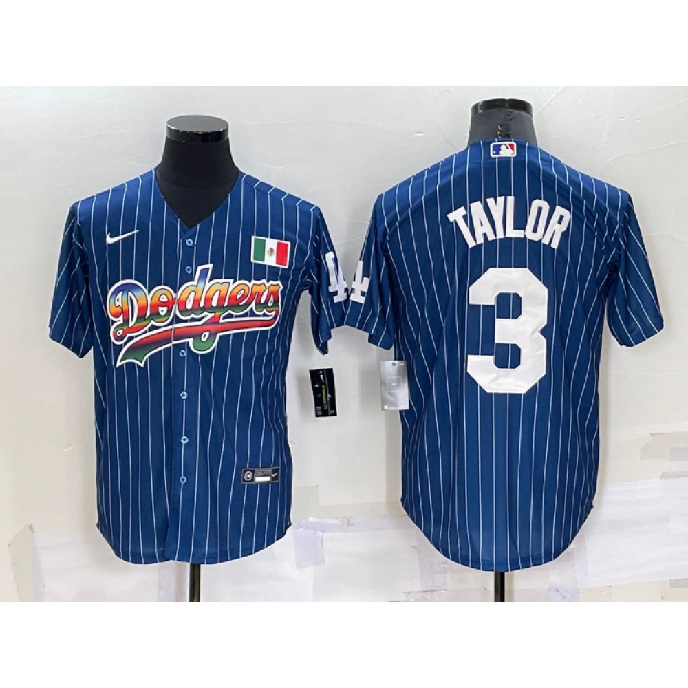 Men's Los Angeles Dodgers #3 Chris Taylor Navy Mexico Rainbow Cool Base Stitched Baseball Jersey 1