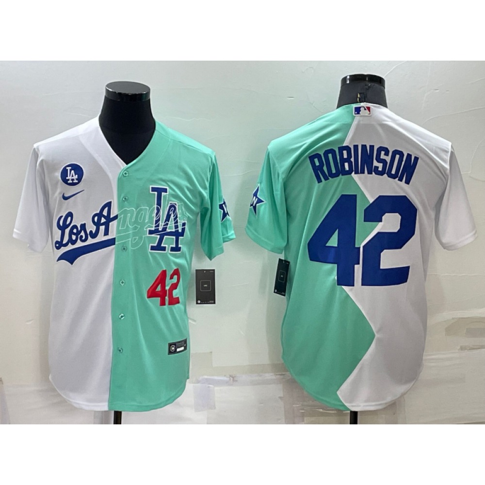 Men's Los Angeles Dodgers #42 Jackie Robinson 2022 All-Star White/Green Cool Base Stitched Baseball Jersey 1