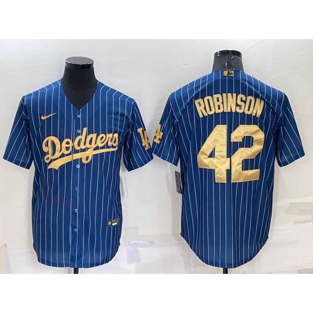 Men's Los Angeles Dodgers #42 Jackie Robinson Navy Gold Cool Base Stitched Baseball Jersey 1