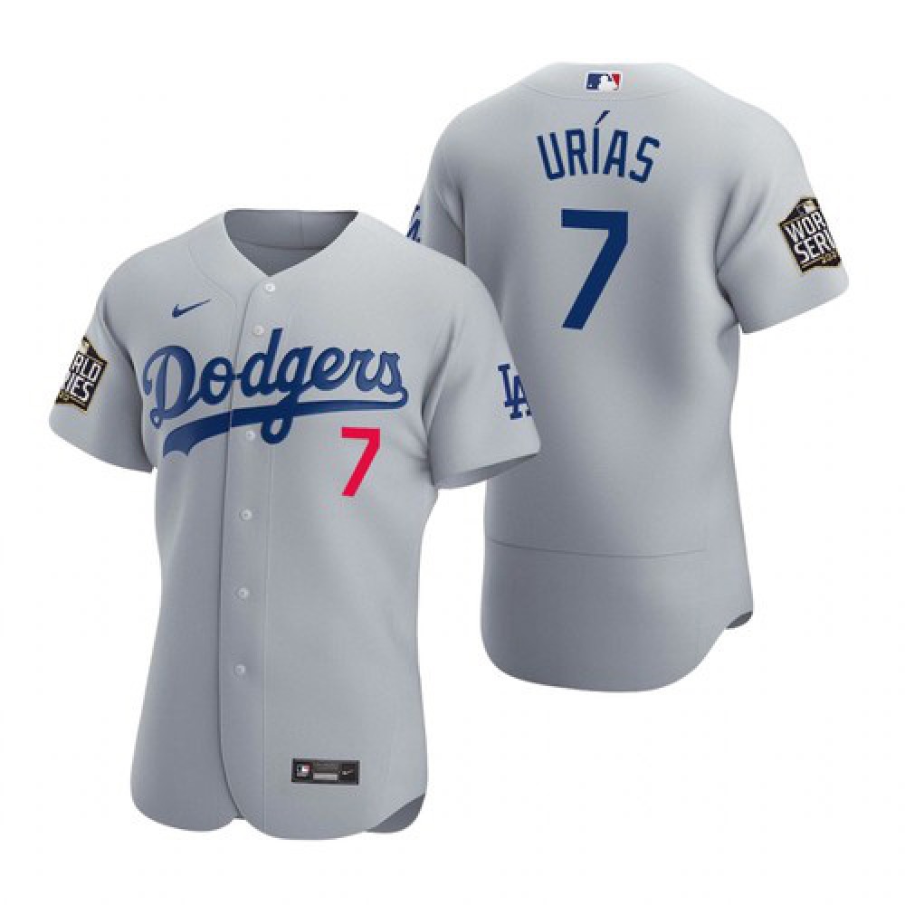Men's Los Angeles Dodgers #7 Julio Urias Grey 2020 World Series Flex Base Sttiched Jersey 1