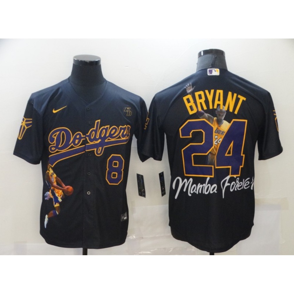 Men's Los Angeles Dodgers Front #8 Back #24 Kobe Bryant Black With KB Patch Cool Base Stitched Jersey 1