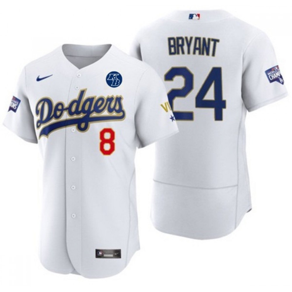 Men's Los Angeles Dodgers Front #8 Back #24 Kobe Bryant With KB Patch White Gold Championship Sttiched MLB Jersey 1
