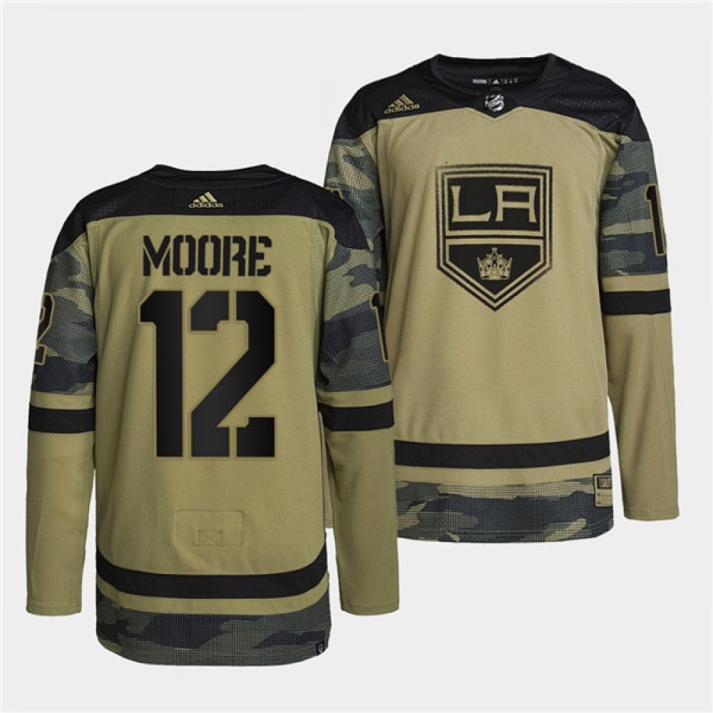 Men's Los Angeles Kings #12 Trevor Moore 2022 Camo Military Appreciation Night Stitched Jersey 1