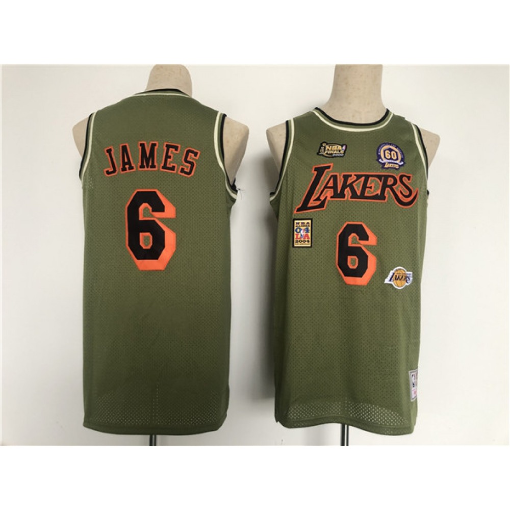 Men's Los Angeles Lakers #6 LeBron James Green Military Flight Patchs Stitched Basketball Jersey 1