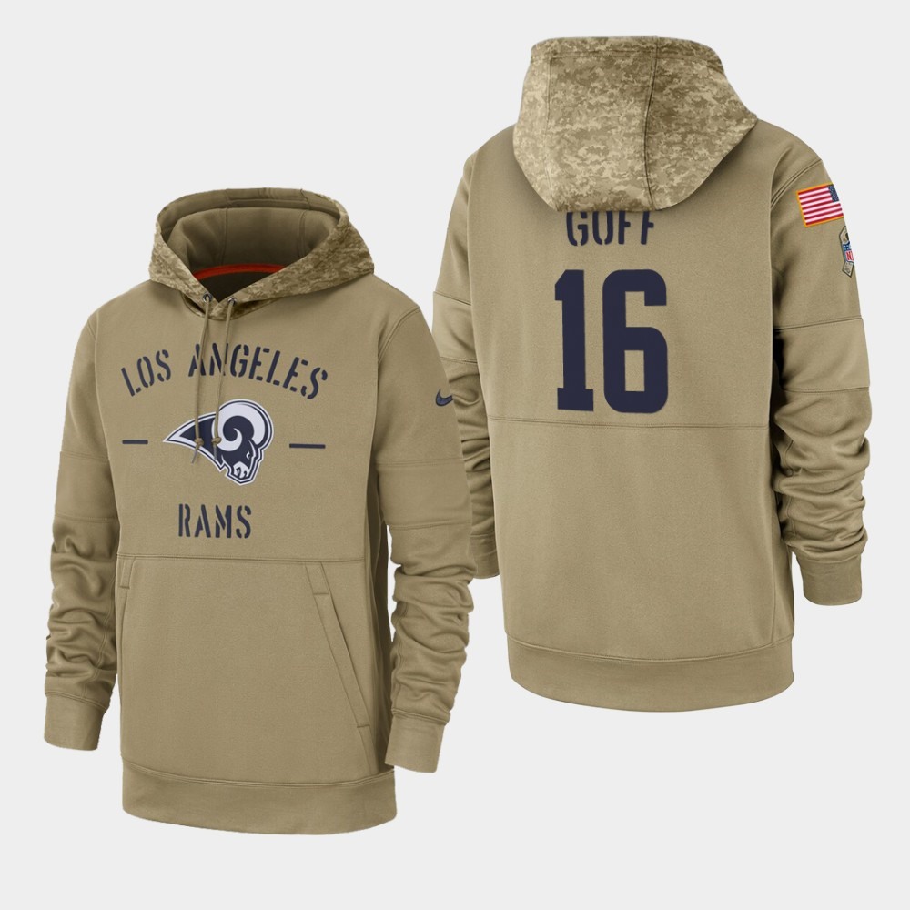 Men's Los Angeles Rams #16 Jared Goff Tan 2019 Salute to Service Sideline Therma Pullover Hoodie 1