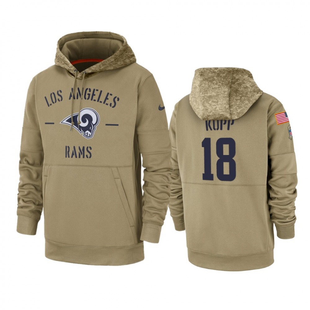 Men's Los Angeles Rams #18 Cooper Kupp Tan 2019 Salute to Service Sideline Therma Pullover Hoodie 1