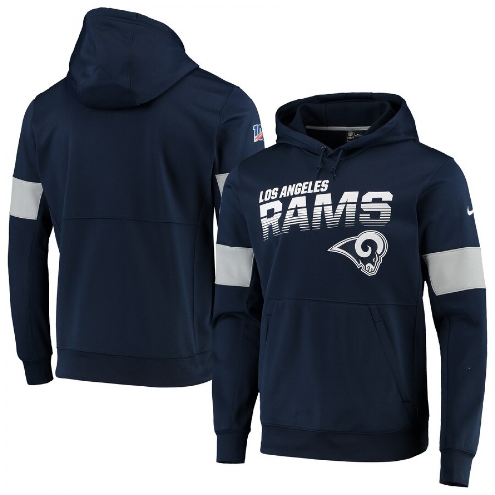 Men's Los Angeles Rams 2019 Navy 100th Season Sideline Team Logo Performance Pullover Hoodie 1