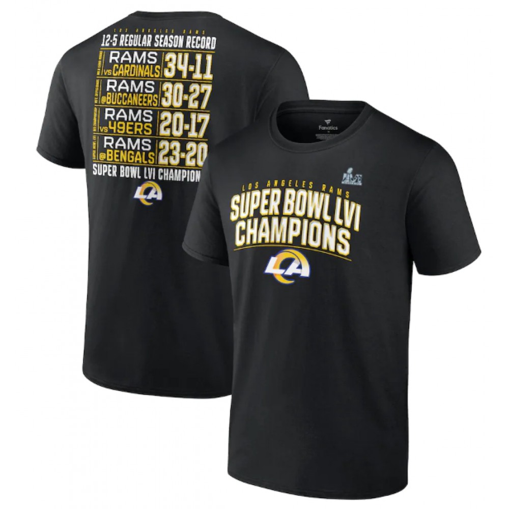 Men's Los Angeles Rams 2022 Black Super Bowl LVI Champions Schedule T-Shirt 1