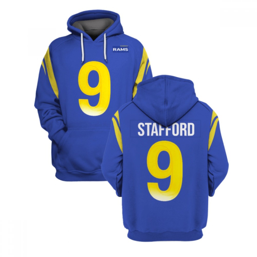 Men's Los Angeles Rams #9 Matthew Stafford 2021 Royal Pullover Hoodie 1
