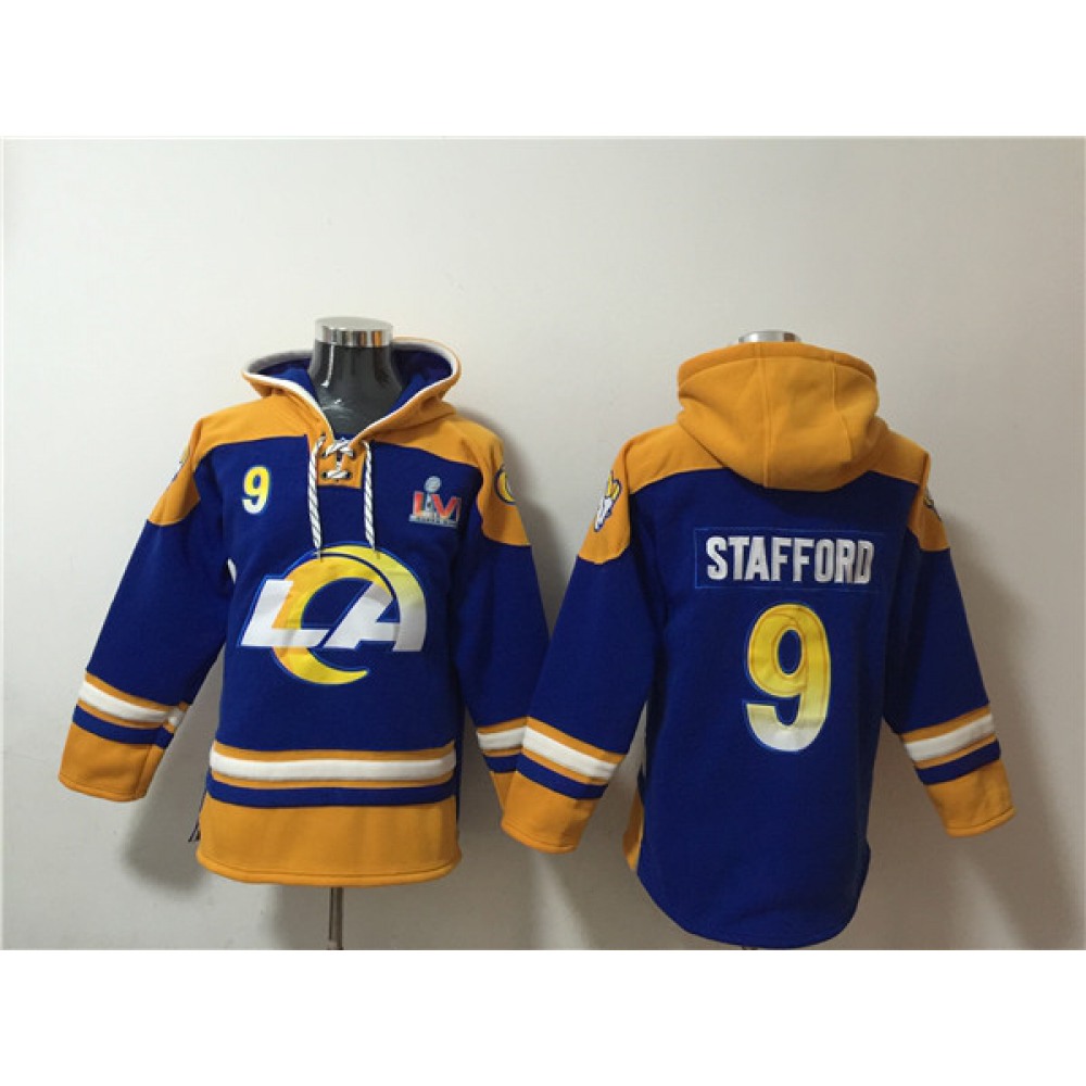 Men's Los Angeles Rams #9 Matthew Stafford 2022 Royal Super Bowl LVI Champions Pullover Hoodie 1
