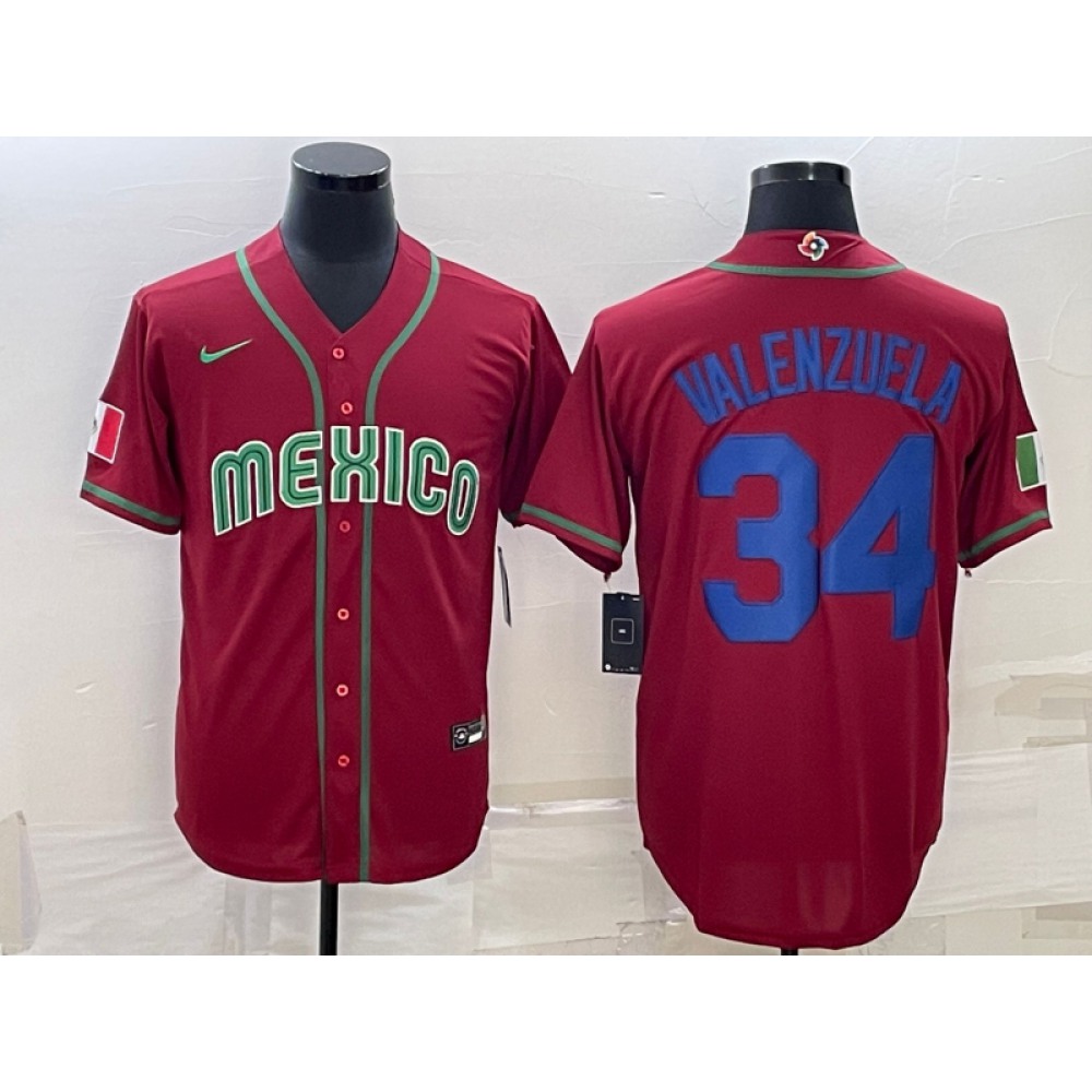 Men's Mexico Baseball #34 Fernando Valenzuela 2023 Red Blue World Baseball Classic Stitched Jersey 1