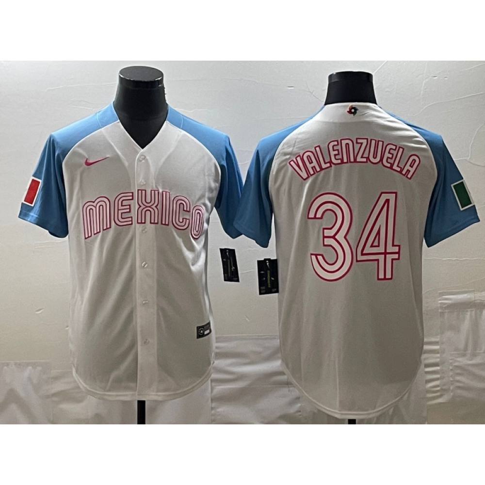 Men's Mexico Baseball #34 Fernando Valenzuela 2023 White Blue World Baseball Classic Stitched Jersey 1