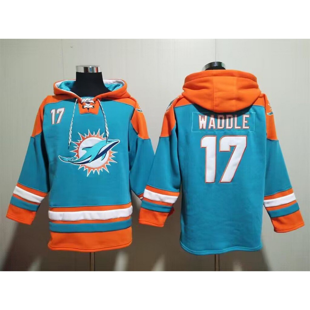 Men's Miami Dolphins #17 Jaylen Waddle Aqua Lace-Up Pullover Hoodie 1