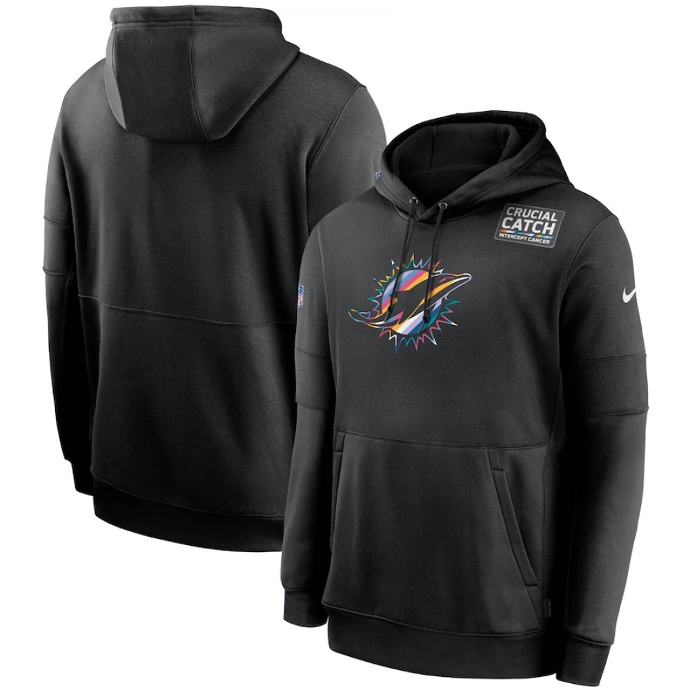 Men's Miami Dolphins 2020 Black Crucial Catch Sideline Performance Pullover Hoodie 1