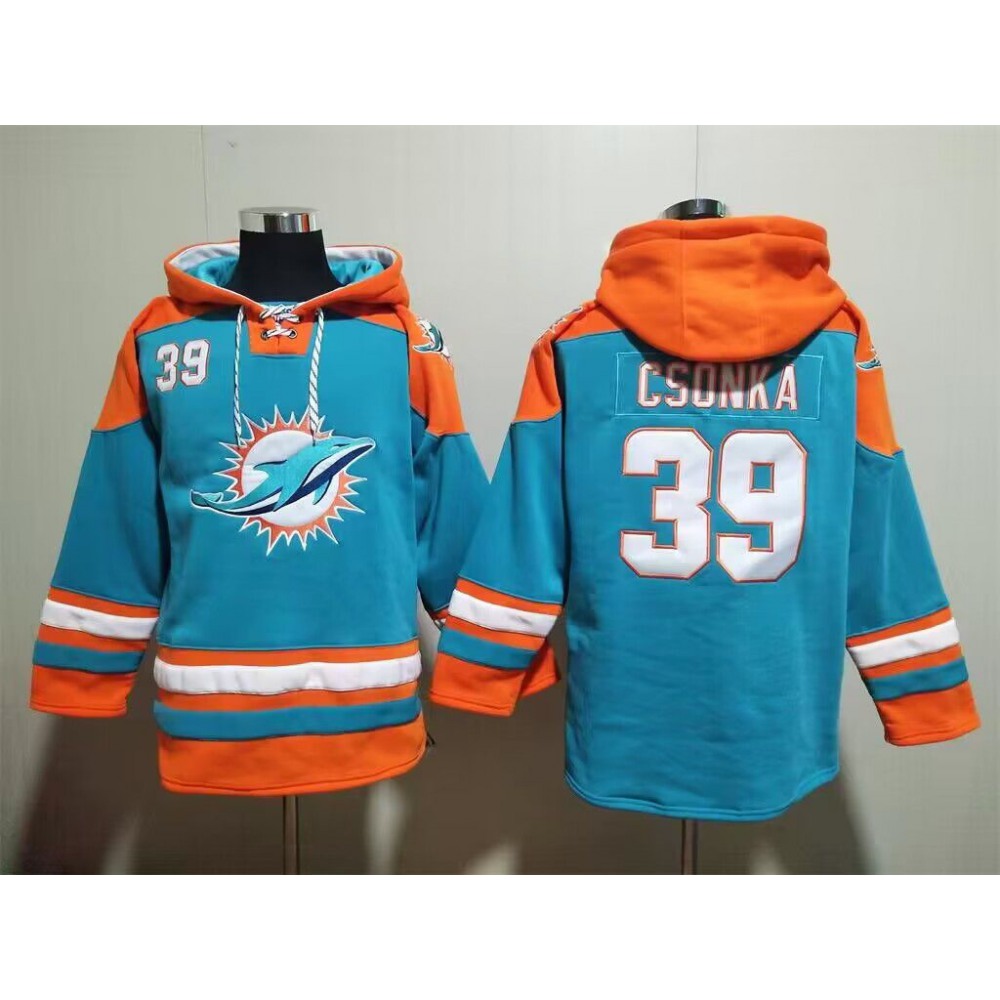 Men's Miami Dolphins #39 Larry Csonka Aqua Lace-Up Pullover Hoodie 1