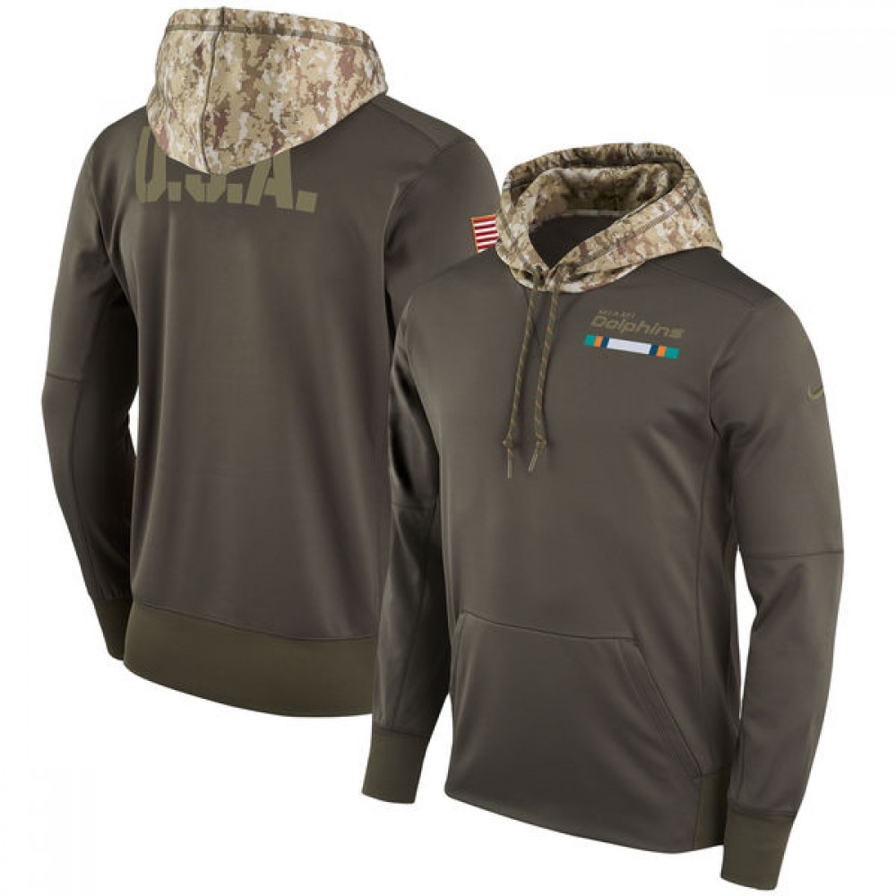 Men's Miami Dolphins Olive Salute to Service Sideline Therma Pullover Hoodie 1