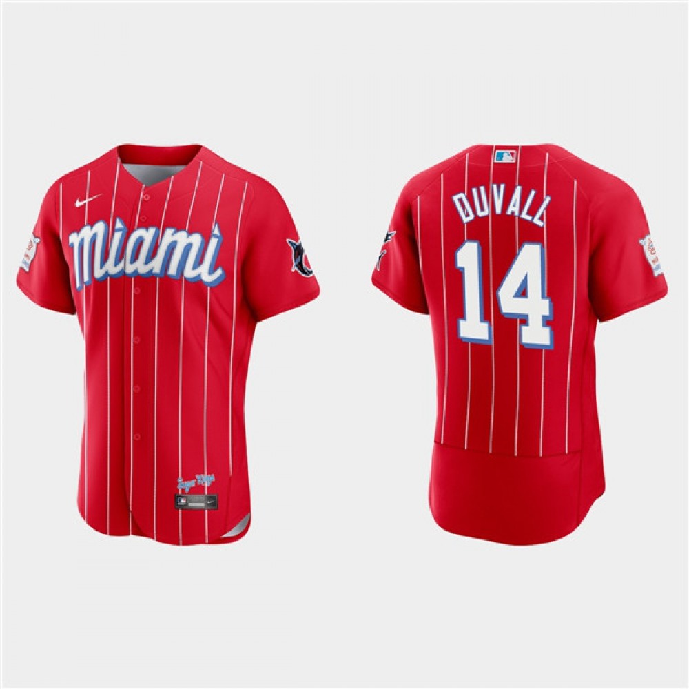 Men's Miami Marlins #14 Adam Duvall Red 2021 City Connect Flex Base Stitched Jersey 1