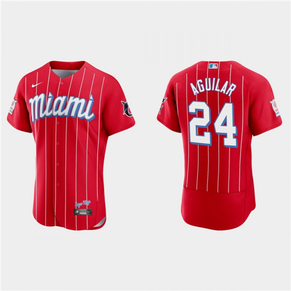 Men's Miami Marlins #24 Jesus Aguilar Red 2021 City Connect Flex Base Stitched Jersey 1