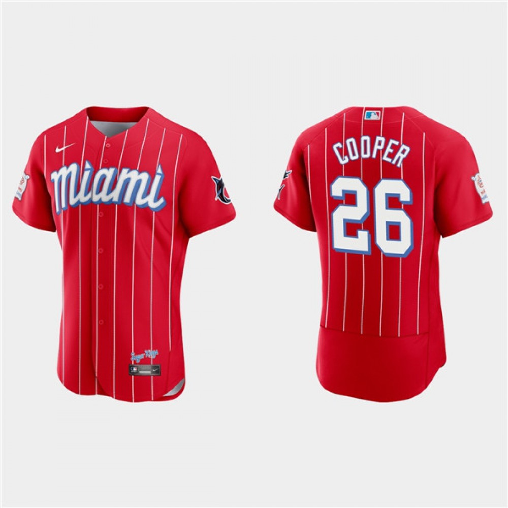 Men's Miami Marlins #26 Garrett Cooper Red 2021 City Connect Flex Base Stitched Jersey 1