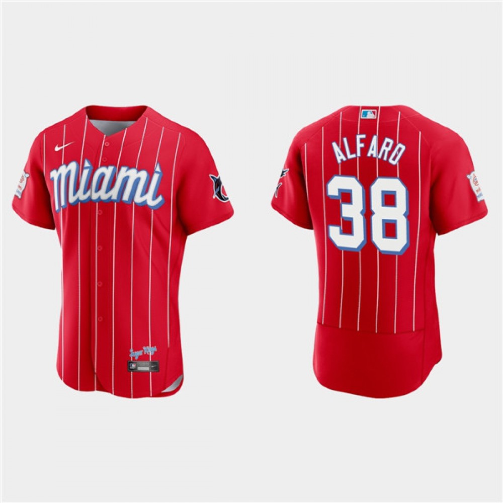 Men's Miami Marlins #38 Jorge Alfaro Red 2021 City Connect Flex Base Stitched Jersey 1