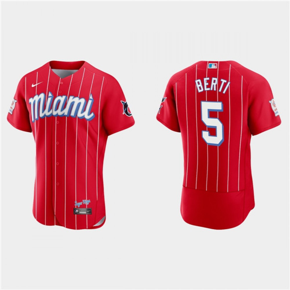 Men's Miami Marlins #5 Jon Berti Red 2021 City Connect Flex Base Stitched Jersey 1