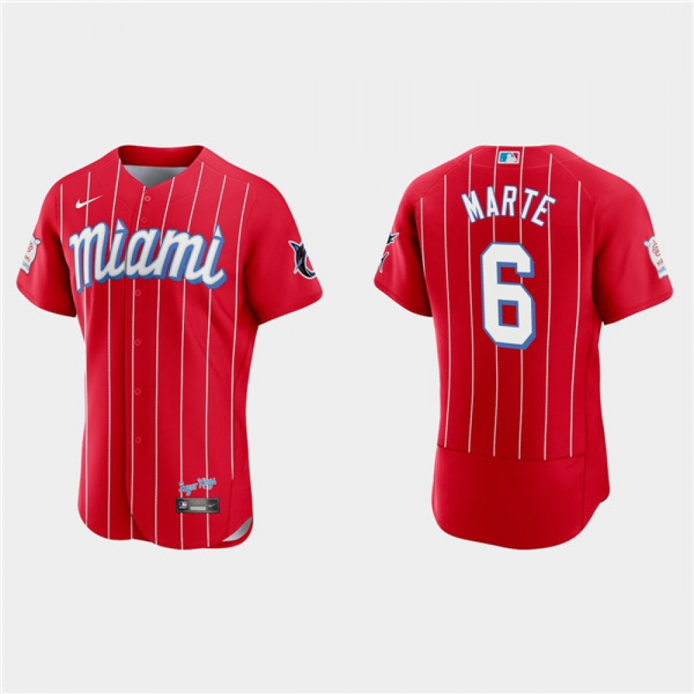 Men's Miami Marlins #6 Starling Marte Red 2021 City Connect Flex Base Stitched Jersey 1