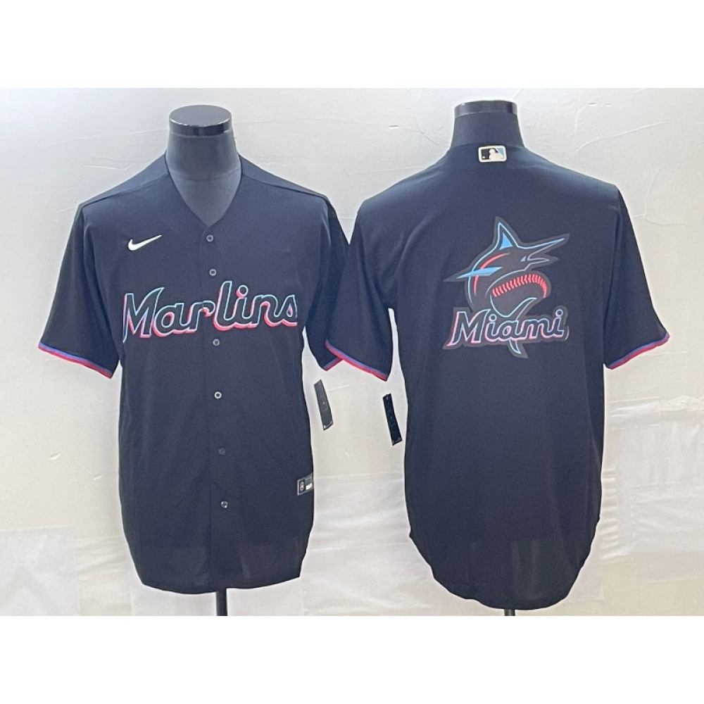 Men's Miami Marlins Black Team Big Logo Cool Base Stitched Baseball Jersey 1