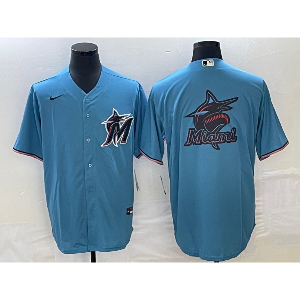 Men's Miami Marlins Blue Team Big Logo Cool Base Stitched Baseball Jersey 1