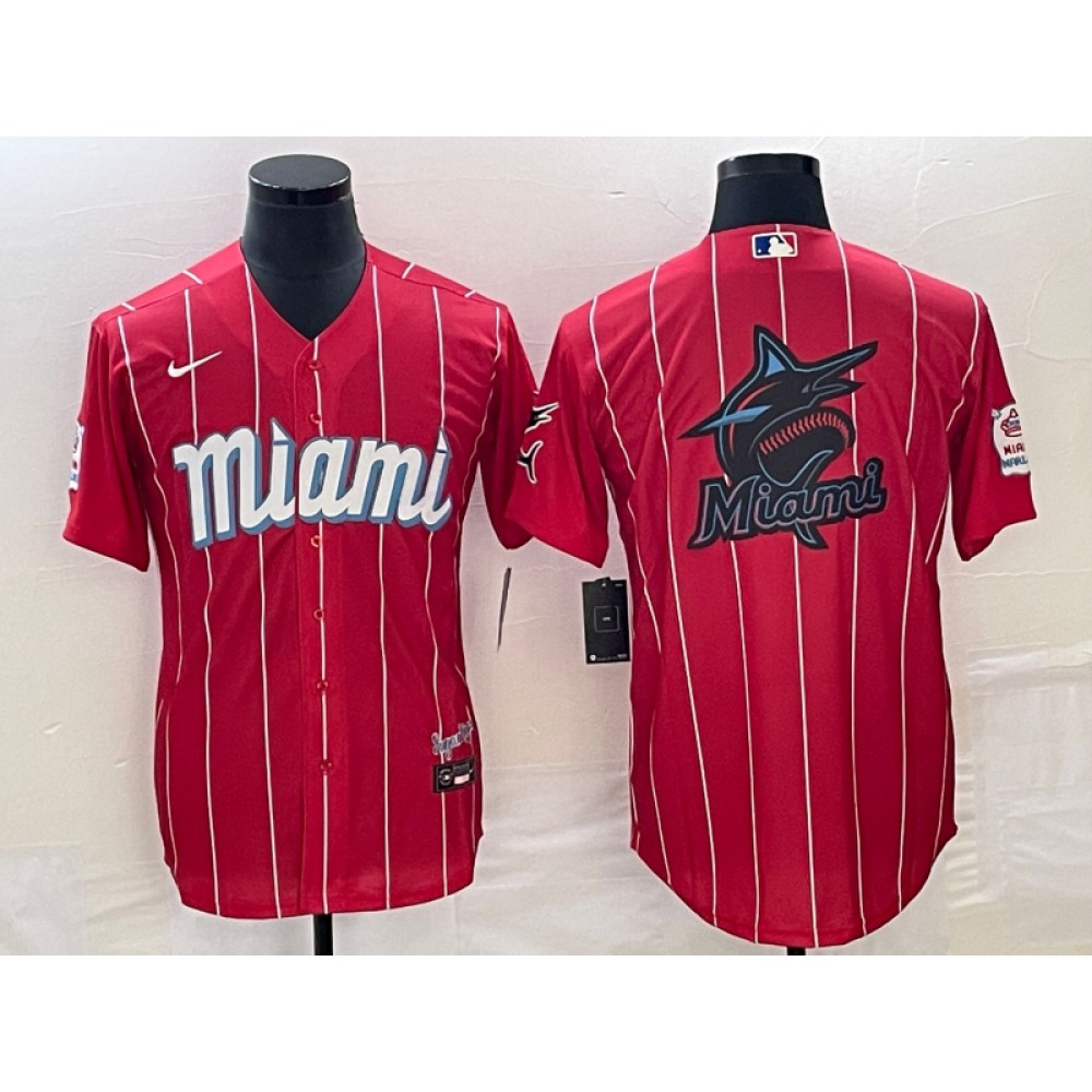 Men's Miami Marlins Red Team Big Logo Cool Base Stitched Baseball Jersey 1