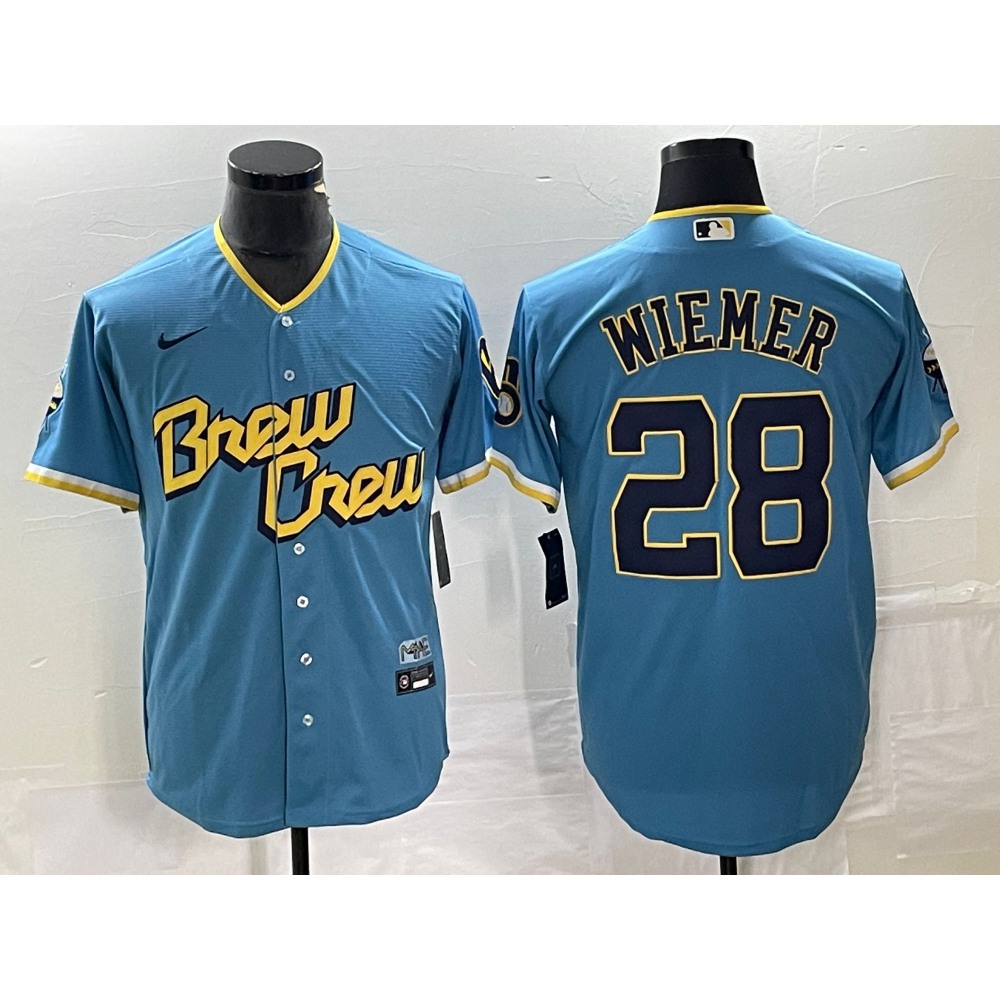 Men's Milwaukee Brewers #28 Joey Wiemer 2022 Powder Blue City Connect Cool Base Stitched Jersey 1