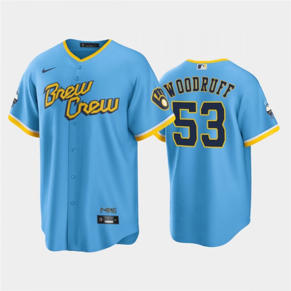 Men's Milwaukee Brewers #53 Brandon Woodruff 2022 Powder Blue City Connect Cool Base Stitched Jersey 1