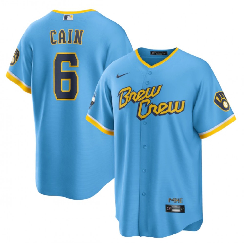 Men's Milwaukee Brewers #6 Lorenzo Cain 2022 Powder Blue City Connect Cool Base Stitched Jersey 1
