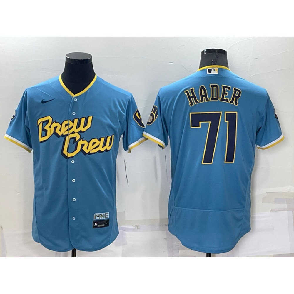 Men's Milwaukee Brewers #71 Josh Hader 2022 Powder Blue City Connect Flex Base Stitched Jersey 1