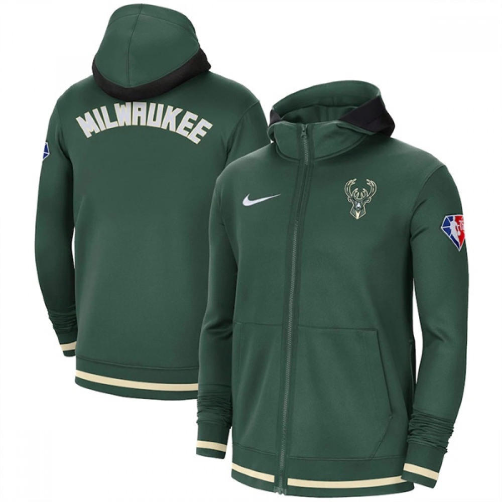 Men's Milwaukee Bucks Green 75th Anniversary Performance Showtime Full-Zip Hoodie Jacket 1